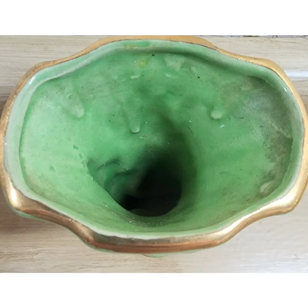 Apco American Bisque Green 22 Kt Gold Cornucopia Vase Hand Painted 4 3/4